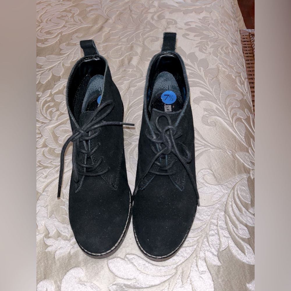 Black suede shoe bootie wedge